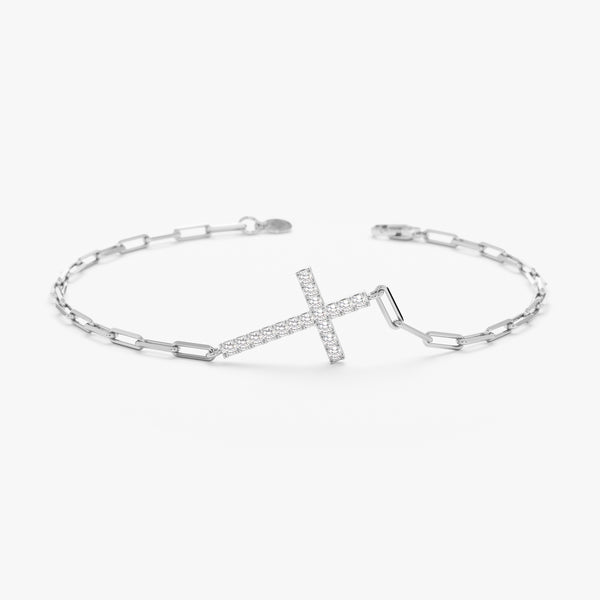 White Gold Paperclip Diamond Cross Bracelet