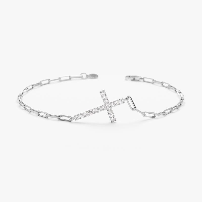 White Gold Paperclip Diamond Cross Bracelet