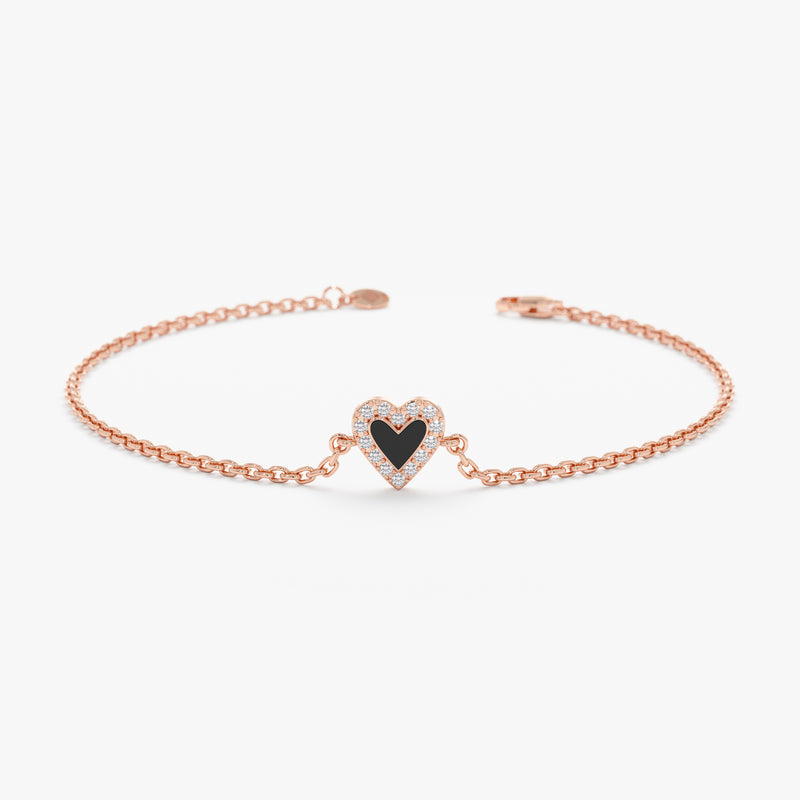 Rose Gold Diamond Black Enamel Heart Bracelet