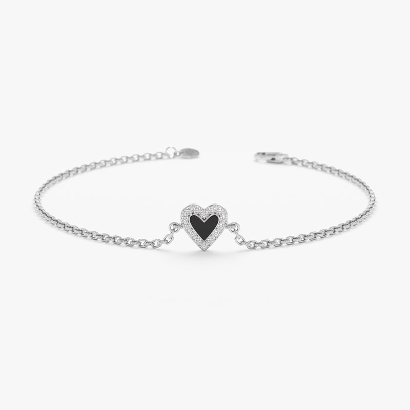 White Gold Diamond and Black Enamel Heart Bracelet