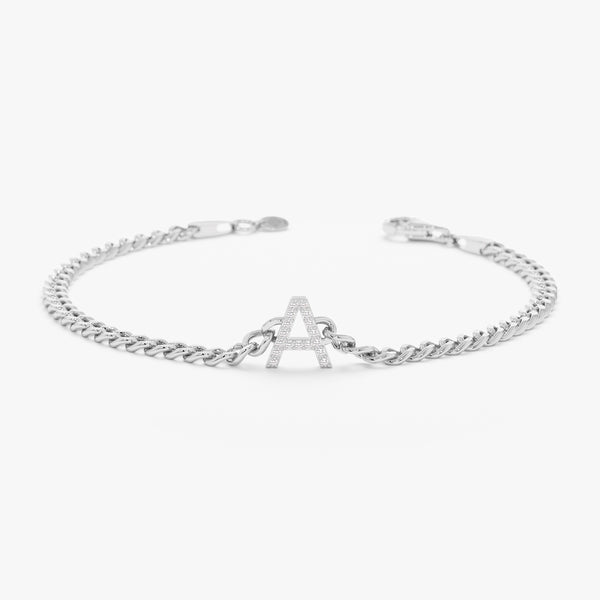 White Gold Diamond Initial Cuban Chain Bracelet