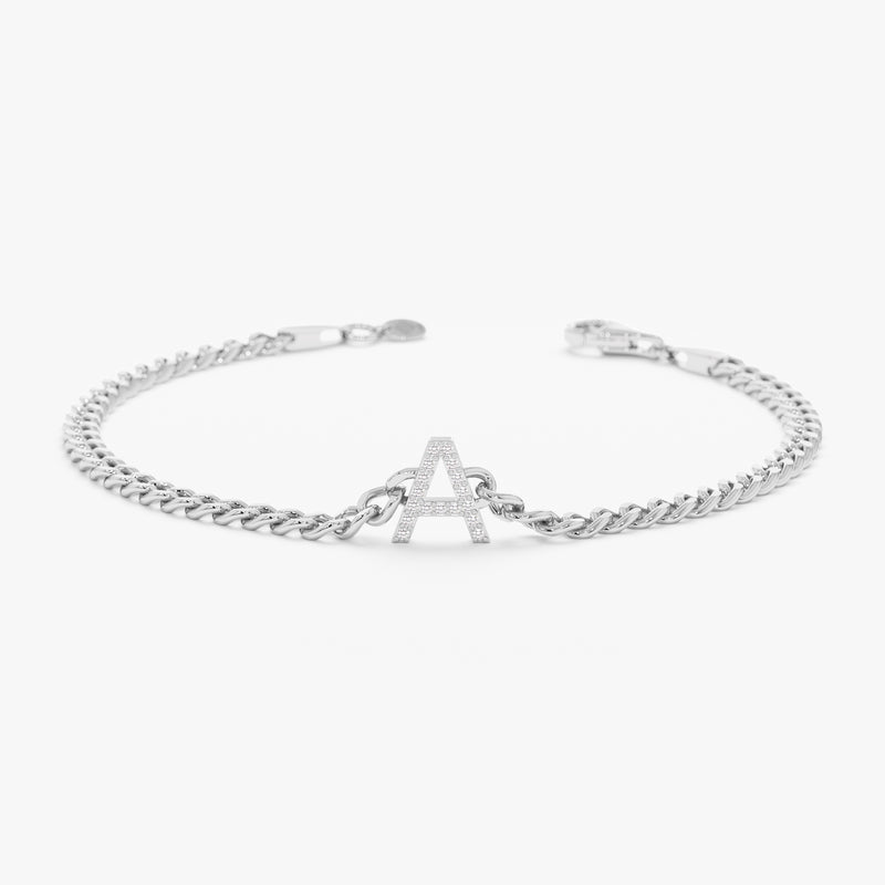 White Gold Diamond Initial Cuban Chain Bracelet