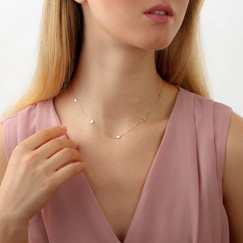 Star station necklace, 14k yellow, white, or rose gold for her