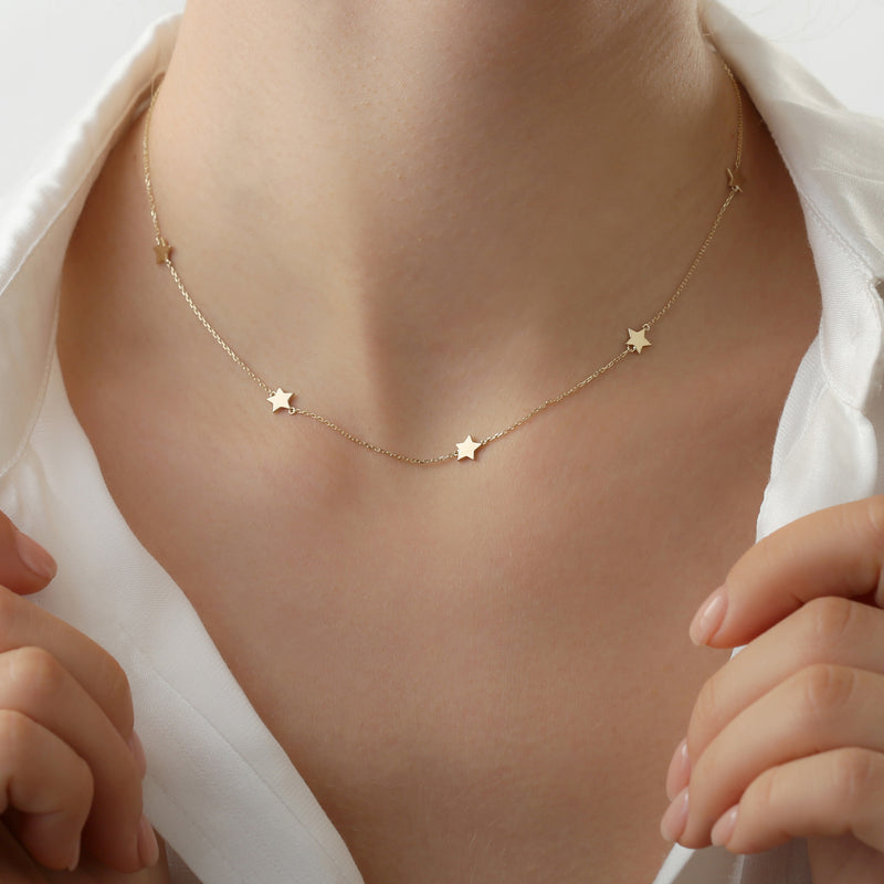 Solid gold star station necklace