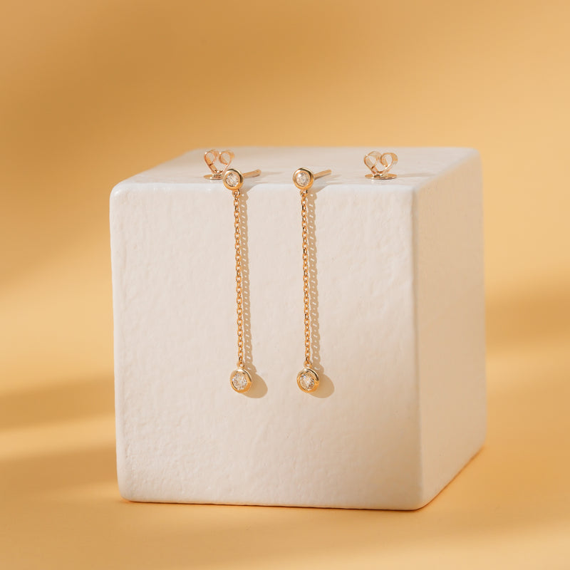 Pair of handcrafted long hanging diamond bezel earring studs gift for her