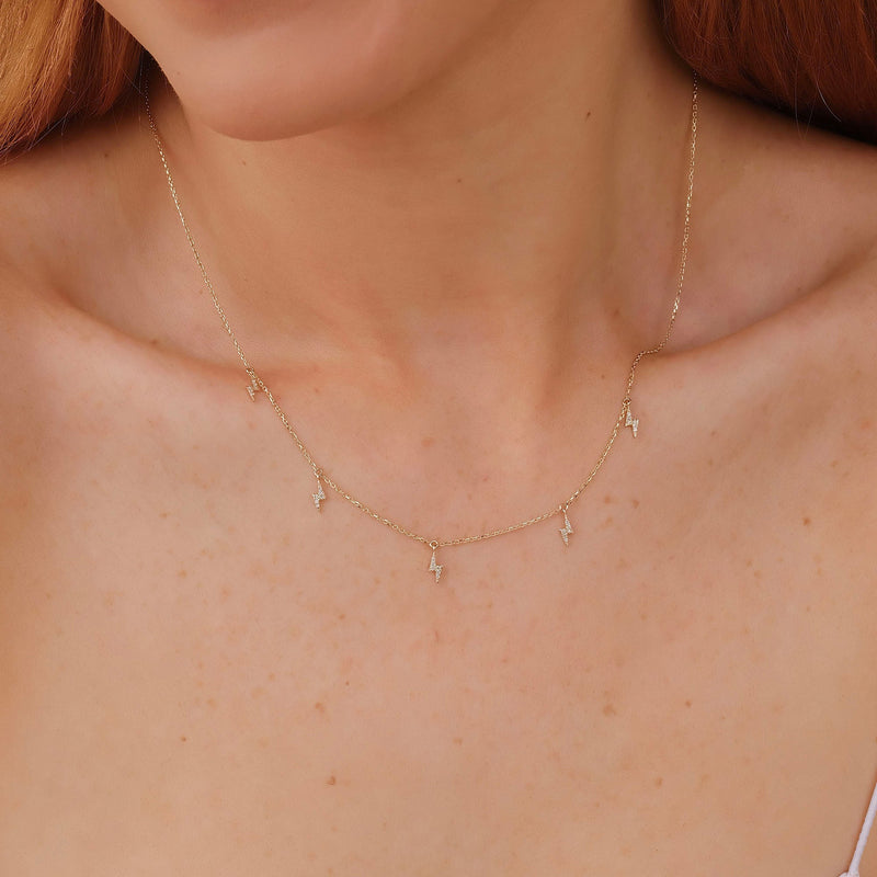 dainty hanging Diamond Lightning Bolt charm necklace in solid gold for her