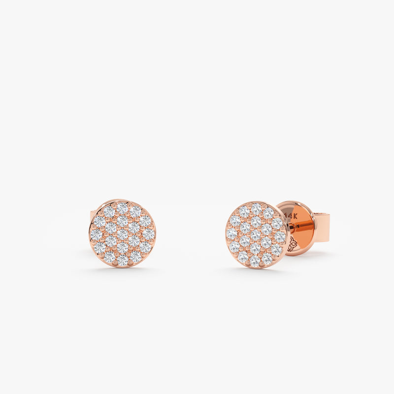 handmade solid 14k Rose Gold Diamond Pave Disc stud Earrings