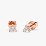 Handmade pair of solid 14k Rose Gold Natural three Diamond cluster stud Earrings
