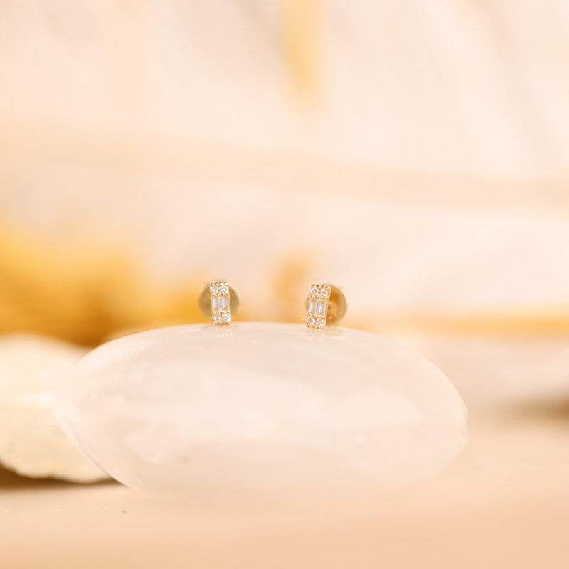 dainty solid gold baguette diamond Cluster Earrings