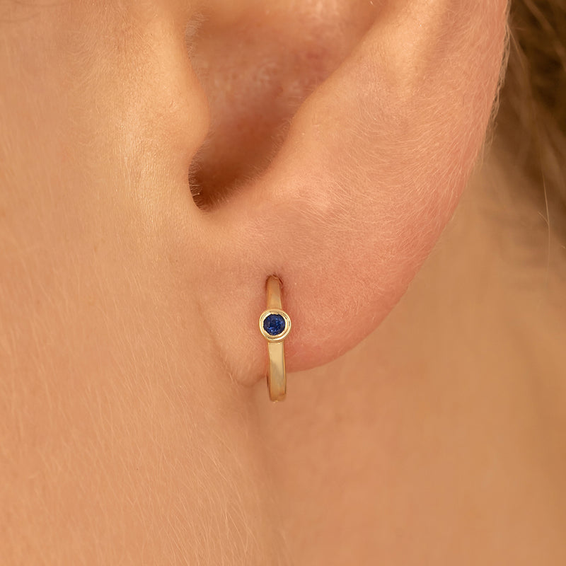 Single Bezel Setting Blue Sapphire handmade solid gold Huggies