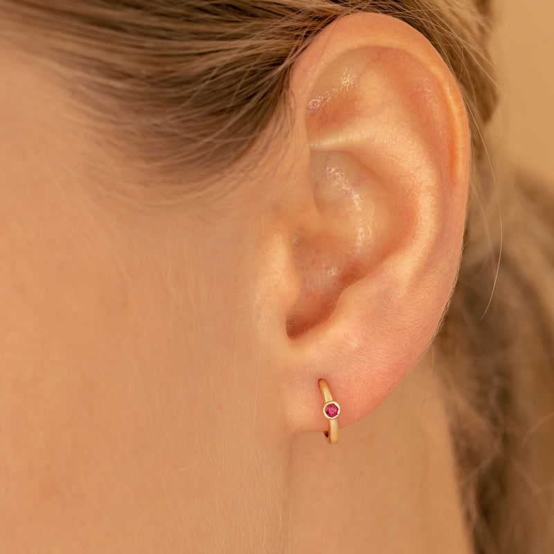 Minimalist Handmade Ruby Huggies for her in solid 14k gold
