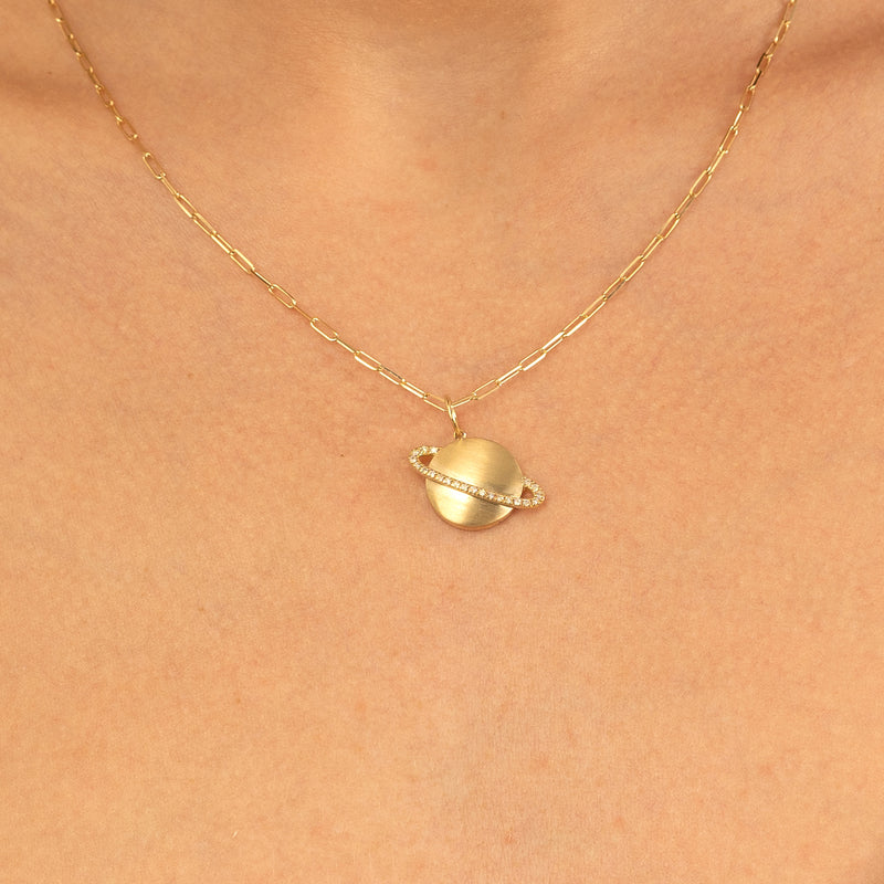 natural Diamond lined Saturn charm with paperclip chain