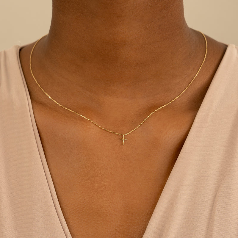 dainty Plain beaded Cross Necklace in solid gold