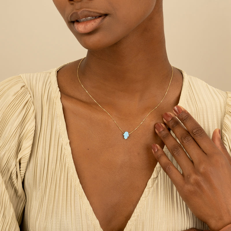 Lucky charm blue opal hamsa necklace for her