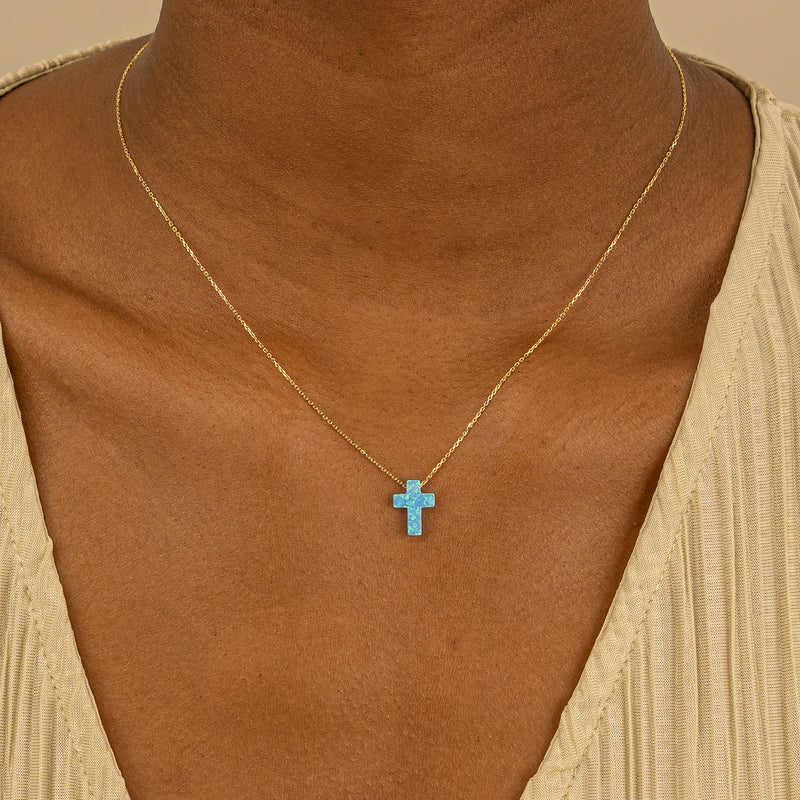 blue opal cross pendant necklace