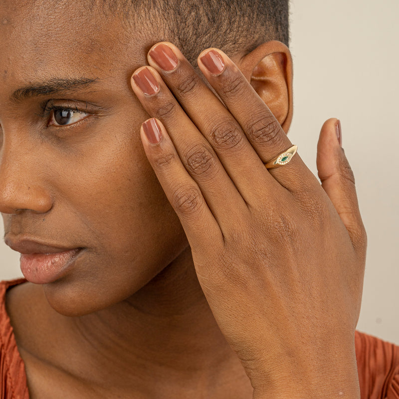 Solid Gold Signet Ring with Emerald and Diamond