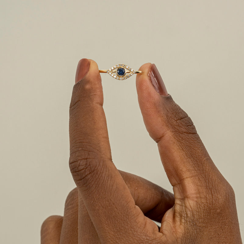 Solid Gold Evil Eye Ring with Diamonds and Sapphire
