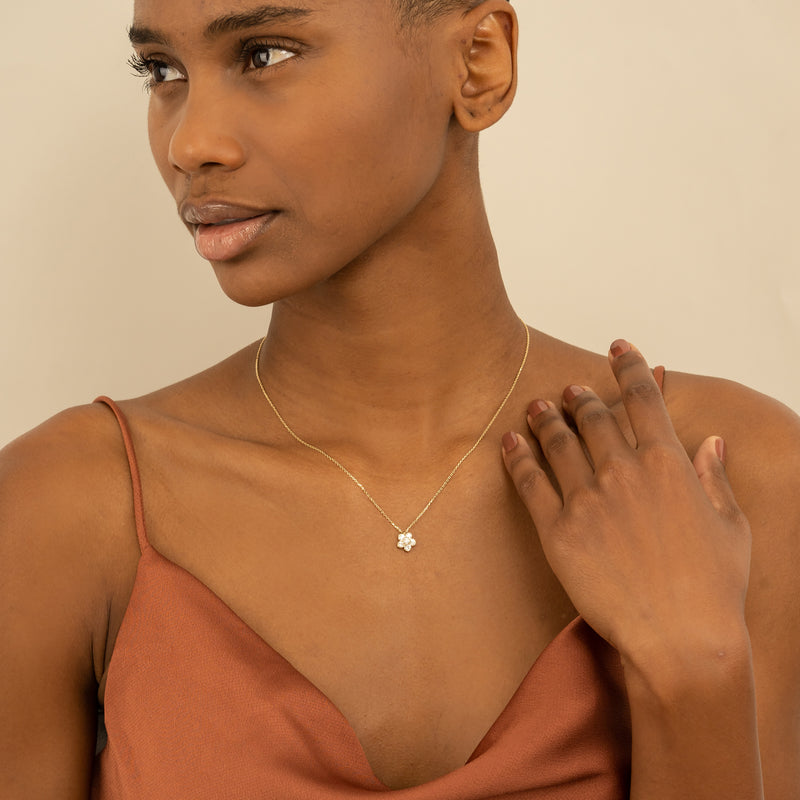 petite Yellow Gold natural diamond Flower charm Necklace for her