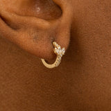 Model wears solid 14k gold triple marquise Diamond Gold Hoop huggie