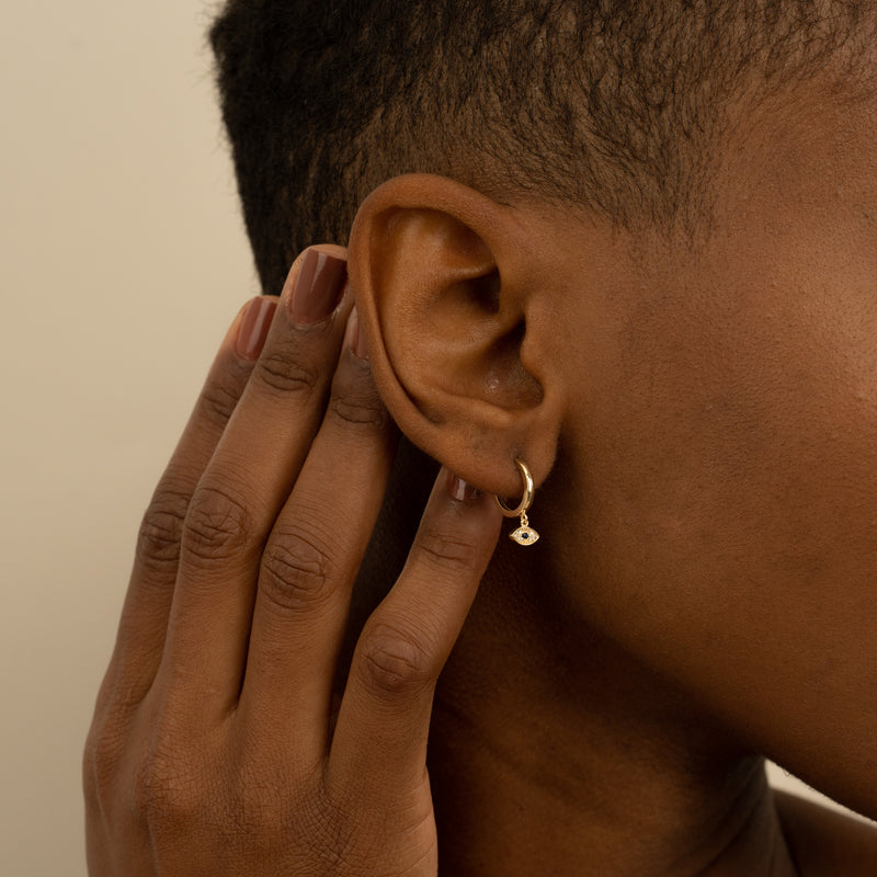 Natural Diamond Solid Gold Evil Eye Hoops for her