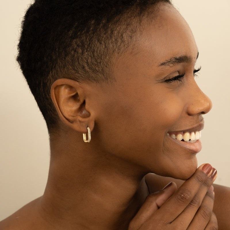 Model wears Handmade Diamond U Shaped Earring hoops