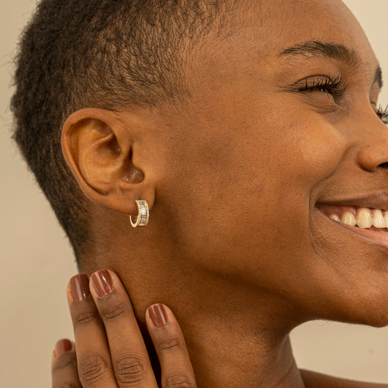 Solid Gold Baguette and Round Diamond Huggies