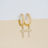 Pair of solid 14k gold Diamond Cross huggies