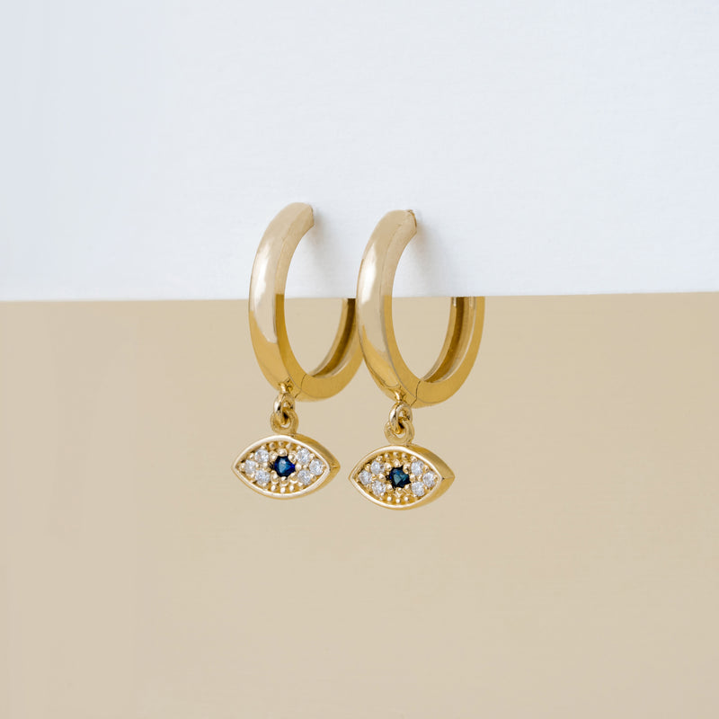 Dangling Diamond and Sapphire Evil Eye Huggies