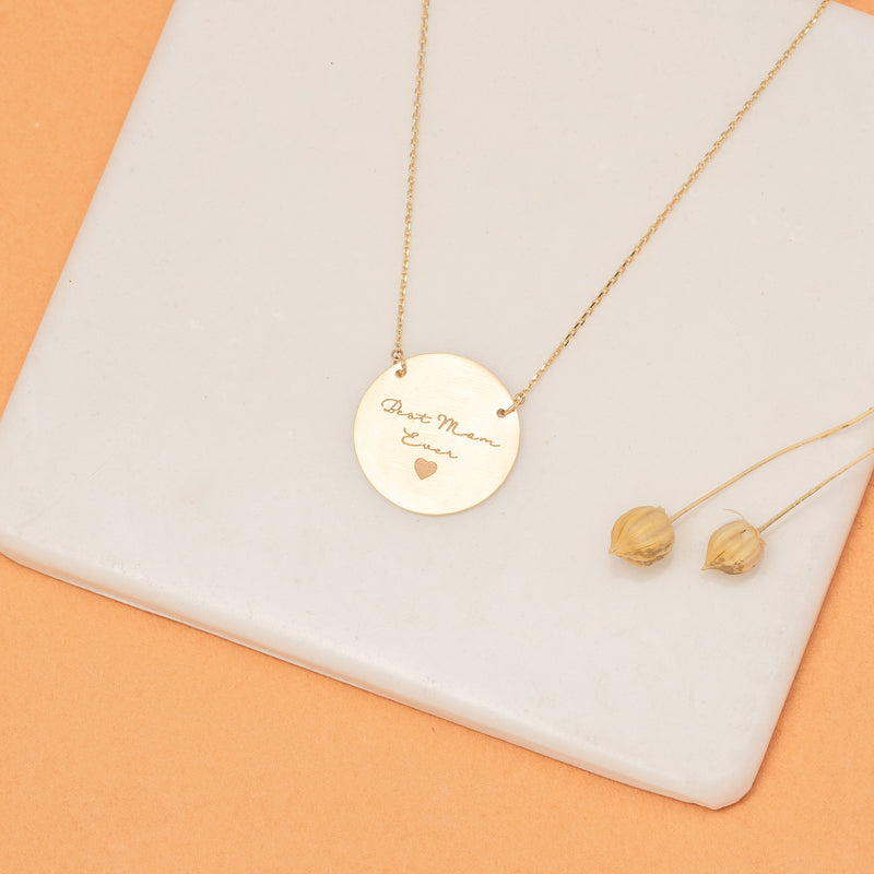 Custom Name Disc Necklace in solid gold with brushed texture
