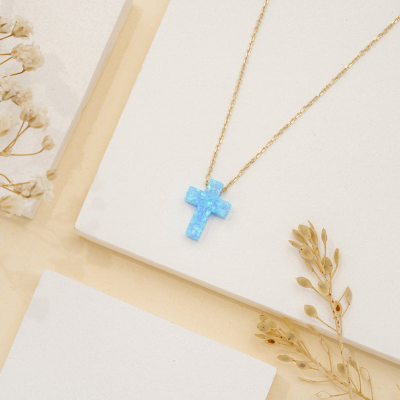 hand made blue opal cross necklace