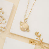 Brushed Gold saturn Planet Pendant with natural diamonds on paperclip chain