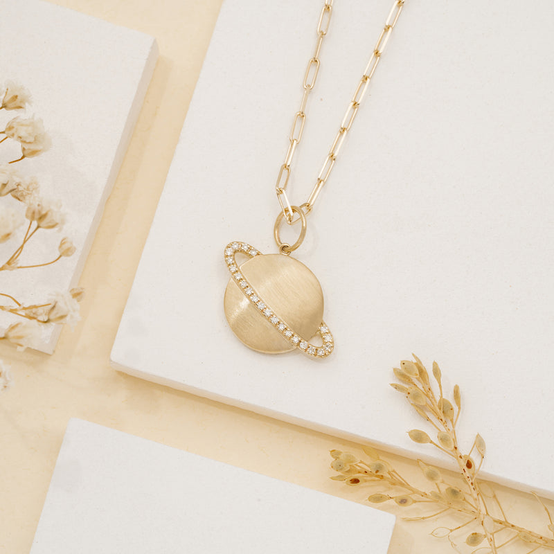Brushed Gold saturn Planet Pendant with natural diamonds on paperclip chain