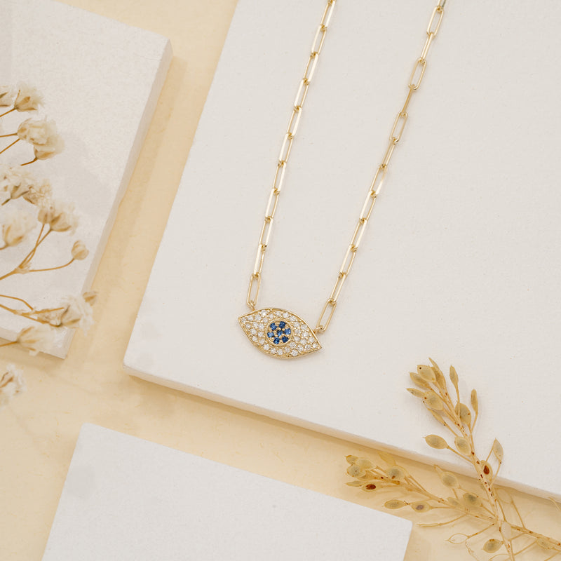 Petite evil eye pendant with diamonds and paperclip chain