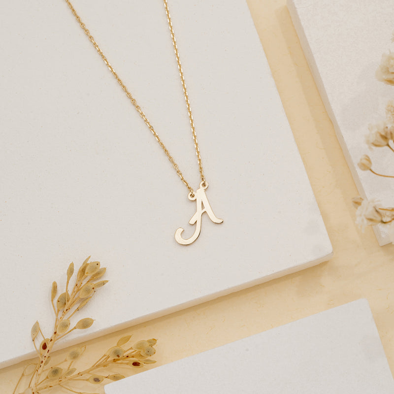 Custom cursive Initial letter pendant Necklace in soild gold