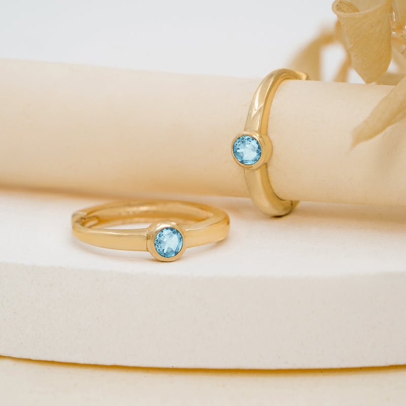 Dainty pair of solid 14k gold single Bezel Setting Aquamarine Huggies