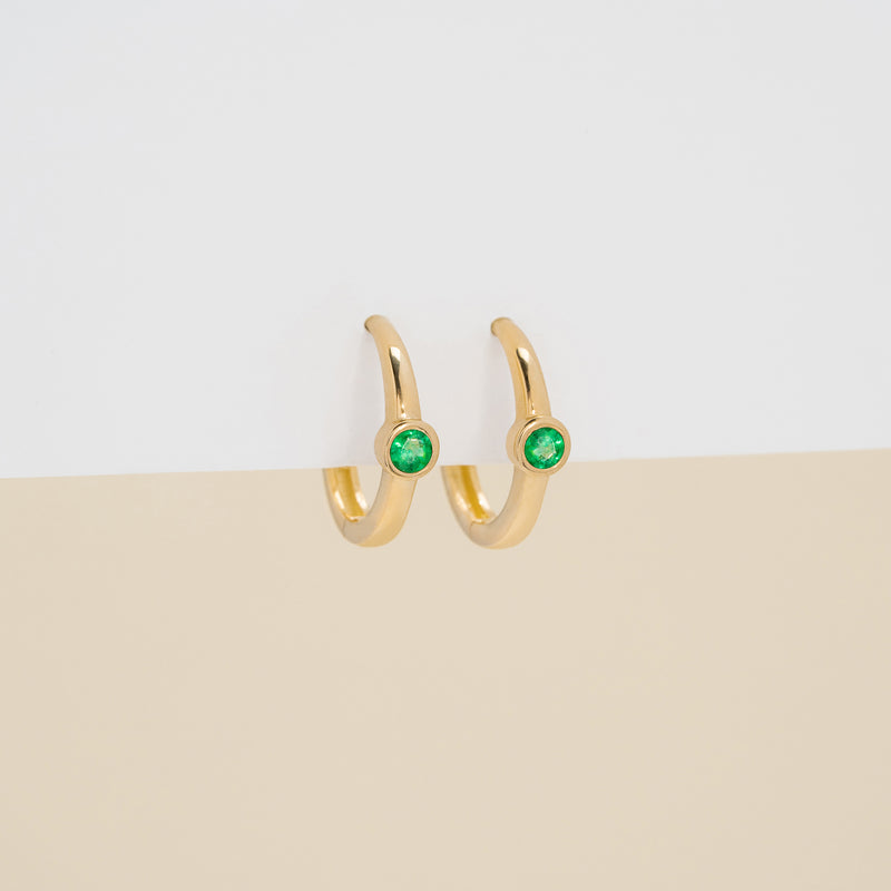 Pair of dainty Bezel Setting Emerald hoop Huggies
