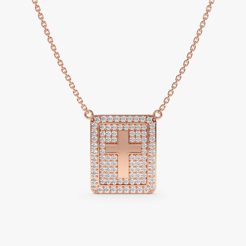 Rose Gold Pave Diamond Cross square pendant  Necklace