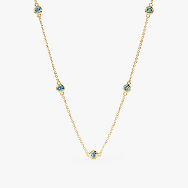 solid Yellow Gold Blue Topaz Station Necklace