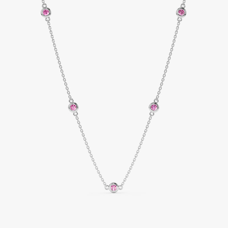 14k White Gold natural Pink Sapphire Station Necklace