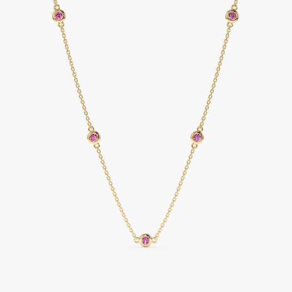 solid Yellow Gold Pink Sapphire Station Necklace