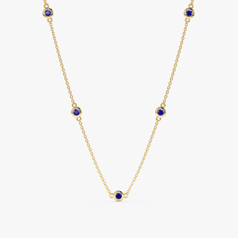 solid Yellow Gold Blue Sapphire Station Necklace