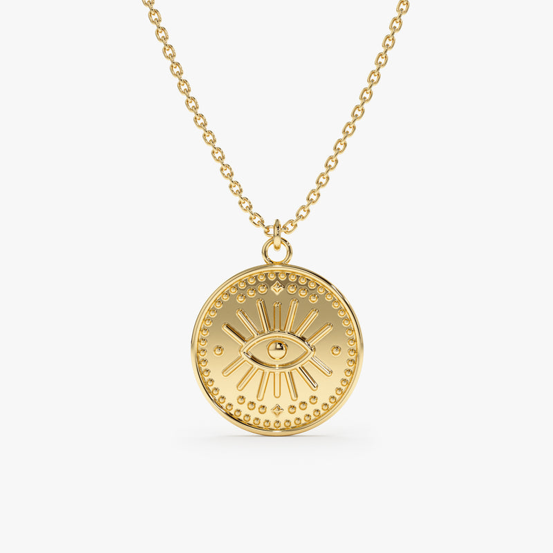 14k Solid Gold Evil Eye Disc Necklace