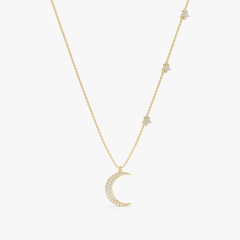 Yellow Gold Diamond Moon and Stars Necklace