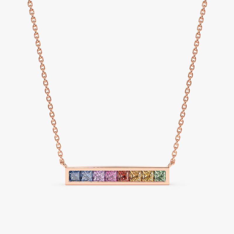 solid 14k Rose Gold Sapphire Rainbow bar Necklace