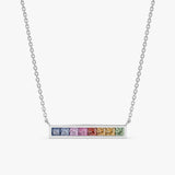 14k White Gold Sapphire Rainbow bar pendant  Necklace