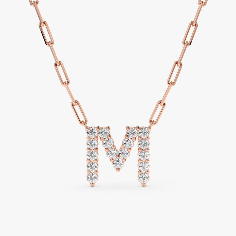 Rose Gold Paperclip Diamond Initial Necklace