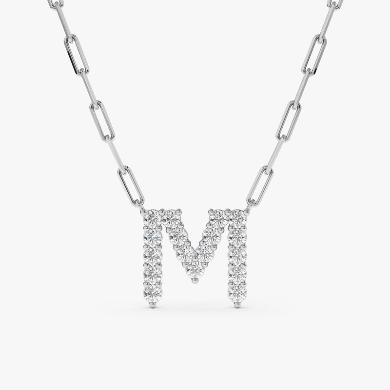 White Gold Paperclip Diamond Initial Necklace
