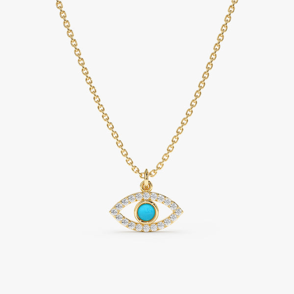 Yellow Gold Turquoise Diamond Evil Eye Necklace