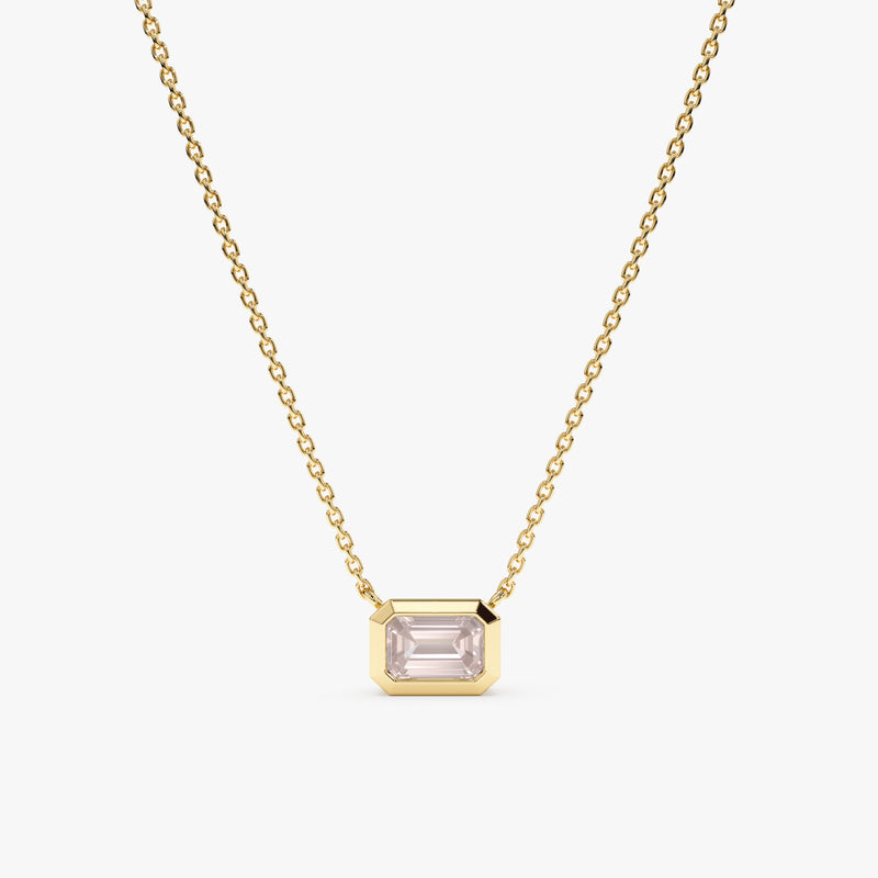 solid Yellow Gold natural emerald-cut Rose Quartz Necklace