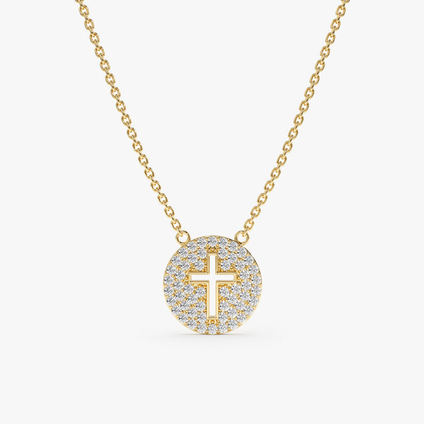 Yellow Gold Diamond Disc Cross Necklace